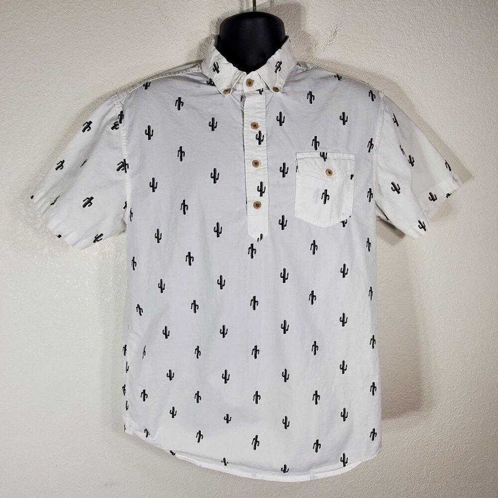 Carbon Mens Large White Saguaro Cactus Print Short-Sleeve Button-Up Shirt Cotton